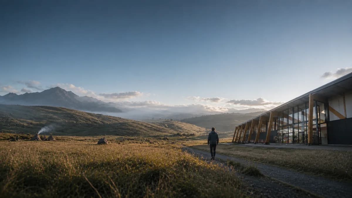Eine Person zwischen ursprünglicher Landschaft und moderner Lebensmittelwelt als Sinnbild für Ernährungspsychologie