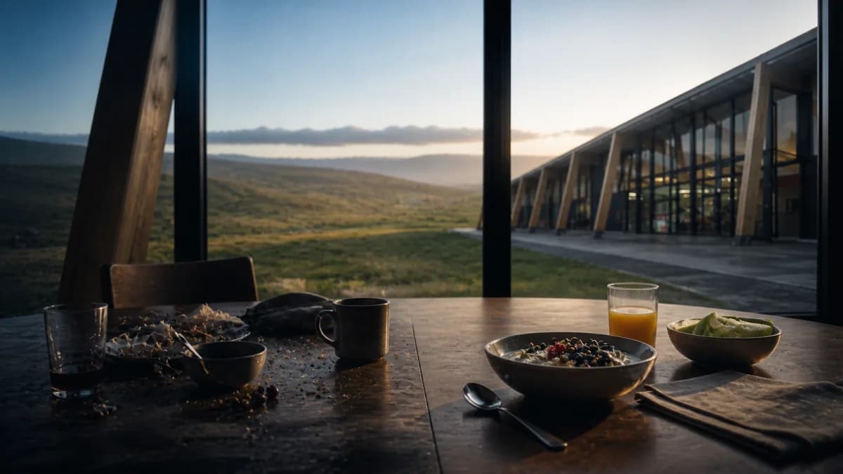 Ein Tisch im Morgenlicht mit den Resten eines schwierigen Abends und einer neuen normalen Mahlzeit