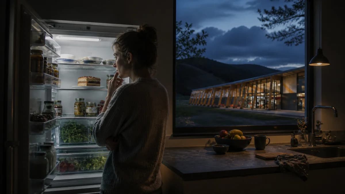 Eine Person hält in einer abendlich beleuchteten Küche bewusst Abstand zum geöffneten Kühlschrank
