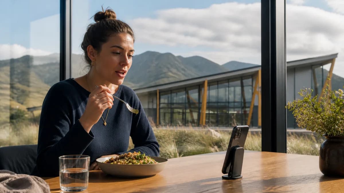 Eine Person erfasst eine normale Mahlzeit unkompliziert per Sprache mit einem Smartphone