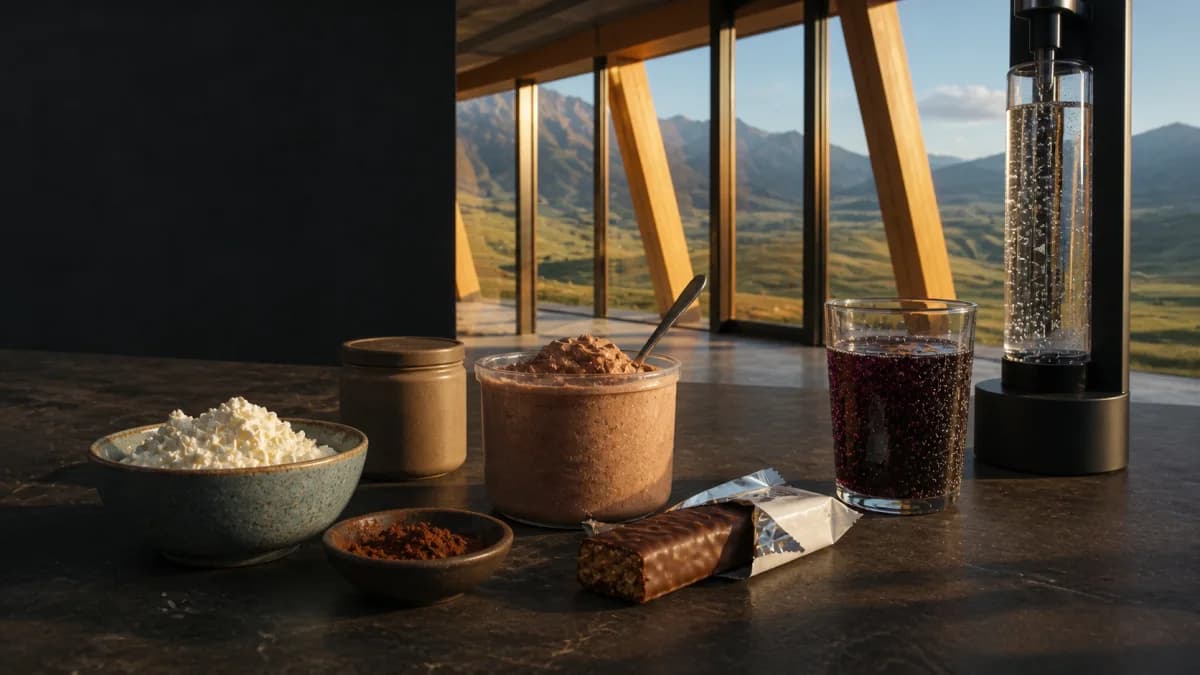 Schokoladiges Protein-Eis, körniger Frischkäse, Proteinriegel und ein kalorienarmer Sprudel im aktuellen nomoa Holzpavillon